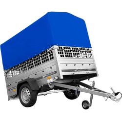 Przyczepka jednoosiowa na resorach  200x125 UNITRAILER GARDEN 201/R KIPP z burtami siatkowymi, stelażem H-800 i pokrowcem niebieskim