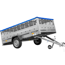 Przyczepka lekka na resorach 264x150 UNITRAILER GARDEN 265/R KIPP z burtami siatkowymi, stelażem H-0 i pokrowcem niebieskim