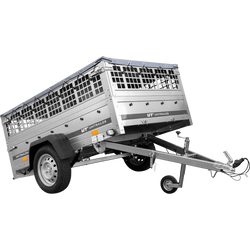 Przyczepka samochodowa na resorach 200x125 UNITRAILER GARDEN 201/R KIPP z burtami siatkowymi, stelażem H-0 i pokrowcem szarym