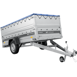 Przyczepka jednoosiowa na resorach 264x125 UNITRAILER FORCE 264/R KIPP z burtami BIS, stelażem H-0 i plandeką niebieską