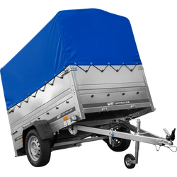 Przyczepka lekka na resorach 200x125 UNITRAILER GARDEN 201/R KIPP z burtami BIS, stelażem H-800 i pokrowcem niebieskim