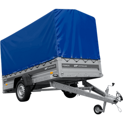 Przyczepka jednoosiowa na resorach 264x125 UNITRAILER FORCE 264/R KIPP ze stelażem H-1100 i pokrowcem niebieskim
