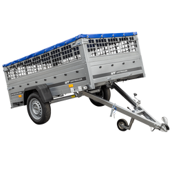 Przyczepka lekka 230x125 UNITRAILER GARDEN 230 KIPP z burtami siatkowymi i stelażem H-0 i pokrowcem niebieskim