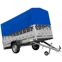 Przyczepka lekka 264x125 UNITRAILER GARDEN 264 KIPP z burtami siatkowymi, stelażem H-800 i pokrowcem niebieskim
