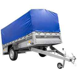 Przyczepka samochodowa 264x125 UNITRAILER FORCE 264 KIPP ze stelażem H-800 i pokrowcem niebieskim