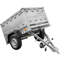 Przyczepka samochodowa 150x106 UNITRAILER GARDEN 150 KIPP z burtami BIS, stelażem H-0 i pokrowcem szarym