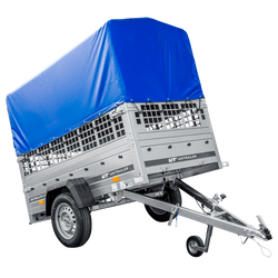 Przyczepka lekka 200x106 UNITRAILER GARDEN 200 KIPP z burtami siatkowymi, stelażem H-800 i pokrowcem niebieskim