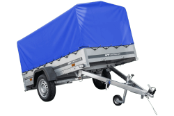 Przyczepka jednoosiowa na resorach 230x125 UNITRAILER GARDEN 230/R KIPP  ze stelażem H-800 i plandeką niebieską
