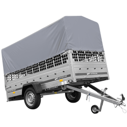 Przyczepka samochodowa 264x125 UNITRAILER GARDEN 264 KIPP z burtami siatkowymi, stelażem H-800 i pokrowcem szarym