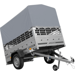 Przyczepka jednoosiowa 200x125 UNITRAILER GARDEN 201 KIPP z burtami siatkowymi, stelażem H-800 i pokrowcem szarym