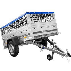 Przyczepka lekka 200x106 UNITRAILER GARDEN 200 KIPP z burtami siatkowymi, stelażem H-0 i pokrowcem niebieskim