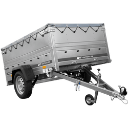 Przyczepka lekka na resorach 200x125 UNITRAILER GARDEN 201/R KIPP z burtami BIS, stelażem H-0 i plandeką szarą