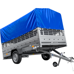 Przyczepka samochodowa na resorach 264x150 UNITRAILER GARDEN 265/R KIPP z burtami siatkowymi, stelażem H-800 i pokrowcem niebieskim