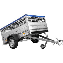 Przyczepka samochodowa na resorach 200x125 UNITRAILER GARDEN 201/R KIPP z burtami siatkowymi, stelażem H-0 i pokrowcem niebieskim