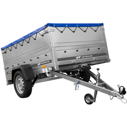Przyczepka lekka na resorach 200x125 UNITRAILER GARDEN 201/R KIPP z burtami BIS, stelażem H-0 i plandeką niebieską