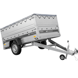 Przyczepka samochodowa na resorach 230x125 UNITRAILER FORCE 230/R KIPP z burtami BIS, stelażem H-0 i pokrowcem szarym