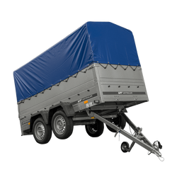 Przyczepka dwuosiowa 264x125 UNITRAILER GARDEN 264/2 KIPP z burtami BIS, stelażem H-800 i pokrowcem niebieskim