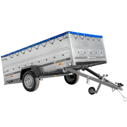 Przyczepka jednoosiowa 264x150 UNITRAILER GARDEN 265 KIPP z burtami BIS, stelażem H-0 i pokrowcem niebieskim