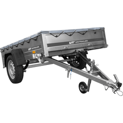 Przyczepka samochodowa na resorach 200x125 UNITRAILER GARDEN 201/R KIPP ze stelażem H-0 i pokrowcem szarym