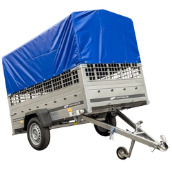 Przyczepka samochodowa na resorach 230x125 UNITRAILER GARDEN 230/R KIPP z burtami siatkowymi, stelażem H-800 i pokrowcem niebieskim