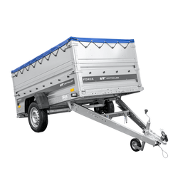 Przyczepka lekka 230x125 UNITRAILER FORCE 230 KIPP z burtami BIS, stelażem H-0 i pokrowcem niebieskim