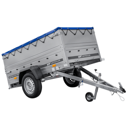 Przyczepka samochodowa 200x106 UNITRAILER GARDEN 200 KIPP z burtami BIS, stelażem H-0 i pokrowcem niebieskim
