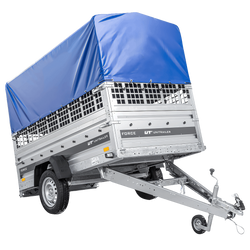 Przyczepka jednoosiowa 230x125 UNITRAILER FORCE 230 KIPP z burtami siatkowymi, stelażem H-0 i pokrowcem niebieskim