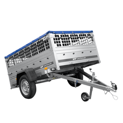 Przyczepka jednoosiowa 200x125 UNITRAILER GARDEN 201 KIPP z burtami siatkowymi, stelażem H-0 i plandeką niebieską