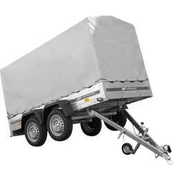 Przyczepka dwuosiowa 264x125 UNITRAILER GARDEN 264/2 KIPP ze stelażem H-1100 i plandeką szarą
