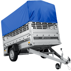 Przyczepka samochodowa na resorach 230x125 UNITRAILER FORCE 230/R KIPP z burtami siatkowymi, stelażem H-800 i pokrowcem niebieskim