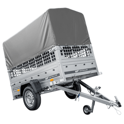 Przyczepka samochodowa 200x106 UNITRAILER GARDEN 200 KIPP z burtami siatkowymi, stelażem H-800 i pokrowcem szarym