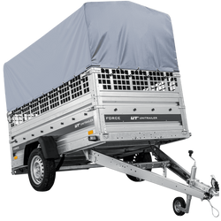 Przyczepka samochodowa na resorach 230x125 UNITRAILER FORCE 230/R KIPP z burtami siatkowymi, stelażem H-800 i pokrowcem szarym