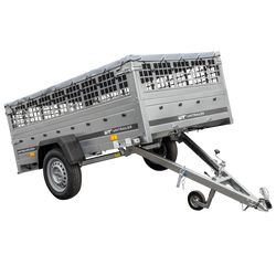 Przyczepka jednoosiowa 230x125 UNITRAILER GARDEN 230 KIPP z burtami siatkowymi, stelażem H-0 i pokrowcem szarym