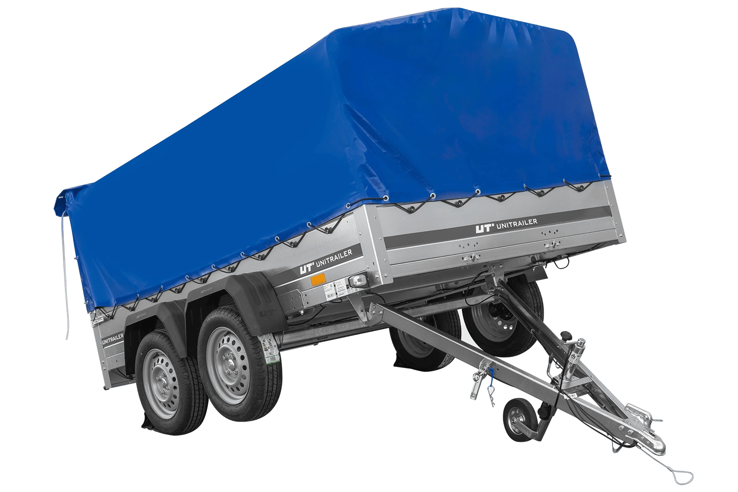 Przyczepka dwuosiowa 264x150 Unitrailer Garden 265/2 KIPP ze stelażem H-800 i pokrowcem niebieskim