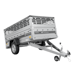 Przyczepka jednoosiowa 230x125 UNITRAILER FORCE 230 KIPP z burtami siatkowymi, stelażem H-0 i pokrowcem szarym