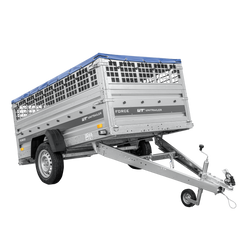 Przyczepka jednoosiowa 230x125 UNITRAILER FORCE 230 KIPP z burtami siatkowymi, stelażem H-0 i pokrowcem niebieskim