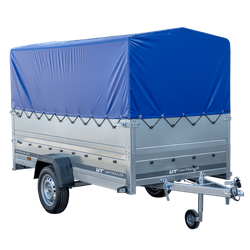 Przyczepka samochodowa 264x125 UNITRAILER GARDEN 264 KIPP z burtami BIS, stelażem H-800 i pokrowcem niebieskim