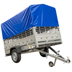 Przyczepka jednoosiowa 230x125 UNITRAILER GARDEN 230 KIPP z burtami siatkowymi, stelażem H-800 i plandeką niebieską