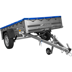 Przyczepka samochodowa na resorach 200x125 UNITRAILER GARDEN 201/R KIPP ze stelażem H-0 i pokrowcem niebieskim