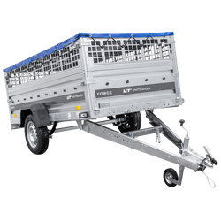 Przyczepka jednoosiowa na resorach 264x125 UNITRAILER FORCE 264/R KIPP z burtami siatkowymi, stelażem H-0 i plandeką niebieską