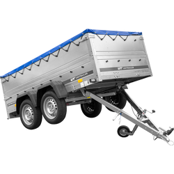 Przyczepka dwuosiowa 264x125 UNITRAILER GARDEN 264/2 KIPP z burtami BIS, stelażem H-0 i pokrowcem niebieskim