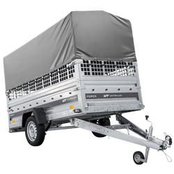 Przyczepka samochodowa na resorach 264x125 UNITRAILER FORCE 264/R KIPP z burtami siatkowymi, stelażem H-800 i pokrowcem szarym