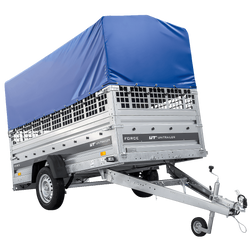 Przyczepka samochodowa na resorach 264x125 UNITRAILER FORCE 264/R KIPP z burtami siatkowymi, stelażem H-800 i pokrowcem niebieskim