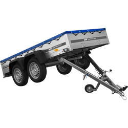 Przyczepka dwuosiowa 264x125 UNITRAILER GARDEN 264/2 KIPP ze stelażem H-0 i plandeką niebieską