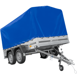 Przyczepka dwuosiowa 264x150 UNITRAILER GARDEN 265/2 KIPP ze stelażem H-1100 i pokrowcem niebieskim