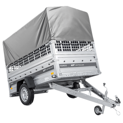 Przyczepka jednoosiowa 230x125 UNITRAILER FORCE 230 KIPP z burtami siatkowymi, stelażem H-800 i pokrowcem szarym
