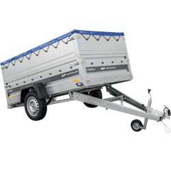 Przyczepka samochodowa na resorach 230x125 UNITRAILER FORCE 230/R KIPP z burtami BIS, stelażem H-0 i pokrowcem niebieskim
