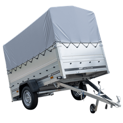 Przyczepka samochodowa 230x125 UNITRAILER GARDEN 230 KIPP z burtami BIS, stelażem H-800 i pokrowcem szarym