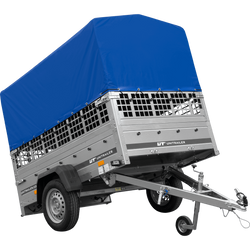 Przyczepka samochodowa 200x125 UNITRAILER GARDEN 201 KIPP z burtami siatkowymi, stelażem H-800 i plandeką szarą