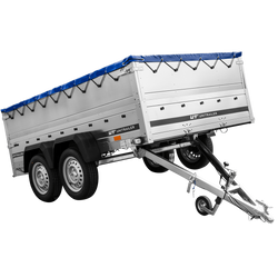 Przyczepka dwuosiowa 264x150 UNITRAILER GARDEN 265/2 KIPP z burtami BIS, stelażem H-0 i pokrowcem niebieskim